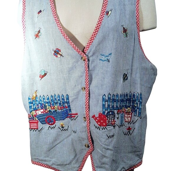 Vintage 90s Womans Vest Plus 24W Blue Pinstriped Gardening Garden - Picture 1 of 9